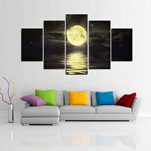 KINYNE Goldener Vollmond in der Nacht 5 Stück Leinwanddruck Moderne abstrakte Seascape Kunstwerk zeitgenössische Gemälde Wandkunst für Schlafzimmer Hauptdekorationen,B,20x35x2+20x45x2+20x55x1