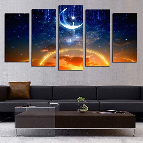 KINYNE 5 Panel Landschaft Split Leinwanddrucke Wandkunst Set - Blau Sternenhimmel Bei Nacht Mit Abnehmendem Mond Malerei Für Inneneinrichtungen,B,20X35x2+20X45x2+20X55x1