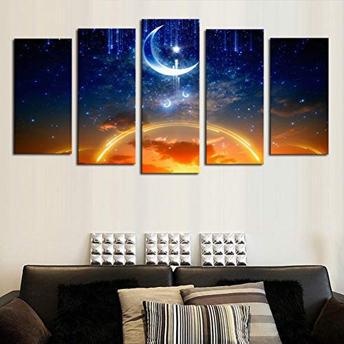 KINYNE 5 Panel Landschaft Split Leinwanddrucke Wandkunst Set - Blau Sternenhimmel Bei Nacht Mit Abnehmendem Mond Malerei Für Inneneinrichtungen,B,20X35x2+20X45x2+20X55x1