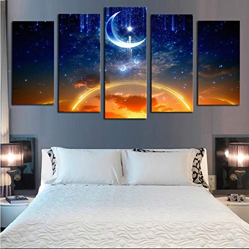 KINYNE 5 Panel Landschaft Split Leinwanddrucke Wandkunst Set - Blau Sternenhimmel Bei Nacht Mit Abnehmendem Mond Malerei Für Inneneinrichtungen,B,20X35x2+20X45x2+20X55x1