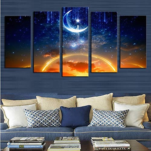 KINYNE 5 Panel Landschaft Split Leinwanddrucke Wandkunst Set - Blau Sternenhimmel Bei Nacht Mit Abnehmendem Mond Malerei Für Inneneinrichtungen,B,20X35x2+20X45x2+20X55x1