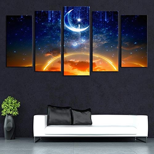 KINYNE 5 Panel Landschaft Split Leinwanddrucke Wandkunst Set - Blau Sternenhimmel Bei Nacht Mit Abnehmendem Mond Malerei Für Inneneinrichtungen,B,20X35x2+20X45x2+20X55x1