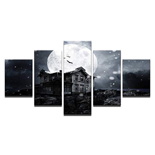 KINYNE 5 Stück Leinwanddrucke Schwarz Grau Weiß Wandkunst Big Moon Over The House Moderne Leinwände Malerei Friedliche Nacht Bild Poster Artwork für Wohnkultur,B,30x40x2+30x60x2+30x80x1