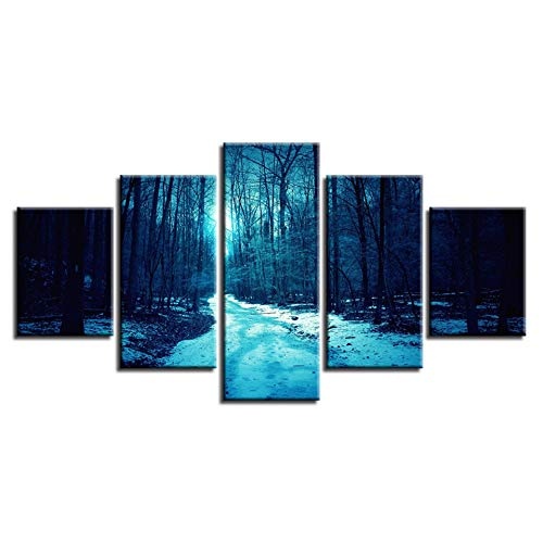 CYZSH Wohnkultur Leinwand Hd Drucke Bilder 5 Stücke Winter Waldwege Nacht Landschaftsbilder Modular Poster Wandkunst