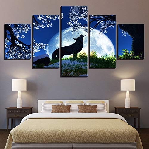 CYZSH Leinwandbilder Hd Drucke Wohnkultur 5 Stücke Mond Nacht Wolf Heulen Gemälde Tiere Bäume Poster Wohnzimmer Wandkunst