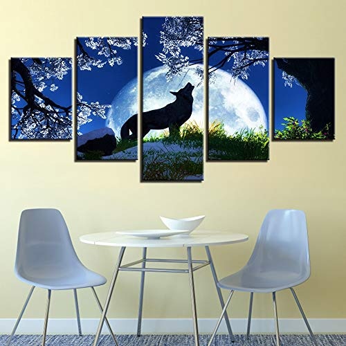 CYZSH Leinwandbilder Hd Drucke Wohnkultur 5 Stücke Mond Nacht Wolf Heulen Gemälde Tiere Bäume Poster Wohnzimmer Wandkunst