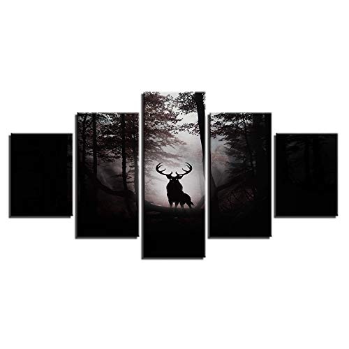 CYZSH Moderne Leinwand Bilder Wohnkultur Wohnzimmer 5 Stücke Deer Dark Forest Nacht Gemälde Wandkunst Anime Poster