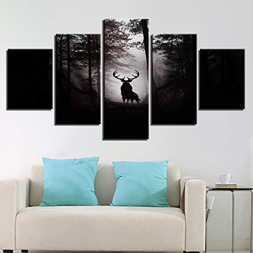 CYZSH Moderne Leinwand Bilder Wohnkultur Wohnzimmer 5 Stücke Deer Dark Forest Nacht Gemälde Wandkunst Anime Poster