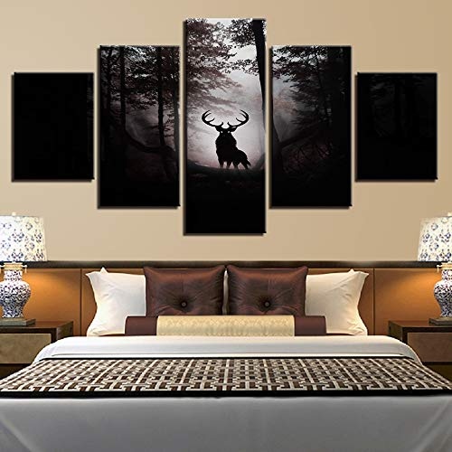 CYZSH Moderne Leinwand Bilder Wohnkultur Wohnzimmer 5 Stücke Deer Dark Forest Nacht Gemälde Wandkunst Anime Poster