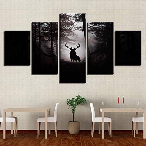 CYZSH Moderne Leinwand Bilder Wohnkultur Wohnzimmer 5 Stücke Deer Dark Forest Nacht Gemälde Wandkunst Anime Poster