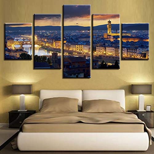 CYZSH Wohnkultur Druckt Bilder 5 Stücke Ästhetische Florenz Stadt Kathedrale Glockenturm Malerei Nacht Landschaft Leinwand Poster Wandkunst