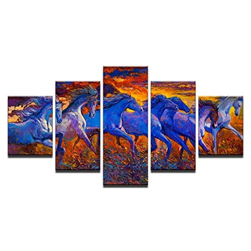 CYZSH Leinwanddruck Gemälde Wandkunst 5 Stücke Sonnenuntergang Laufende Pferde Bilder Abstrakte Tier Poster Wohnzimmer Wohnkultur