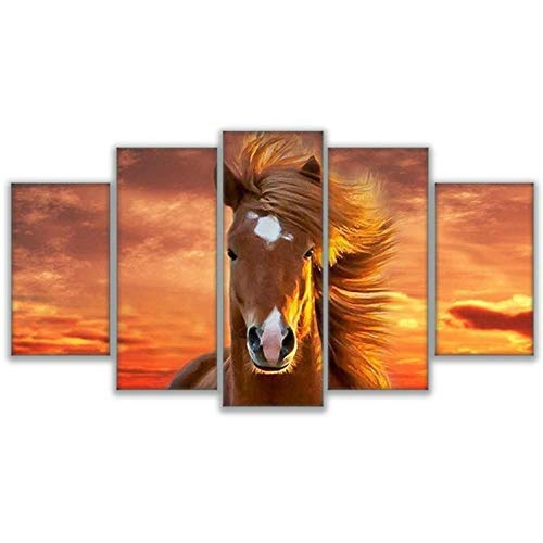 CYZSH Leinwand Gemälde Wandkunst Modular Home Decor 5 Stücke Fesselnde Pferd Bilder Hd Gedruckt Tier Sonnenuntergang Poster