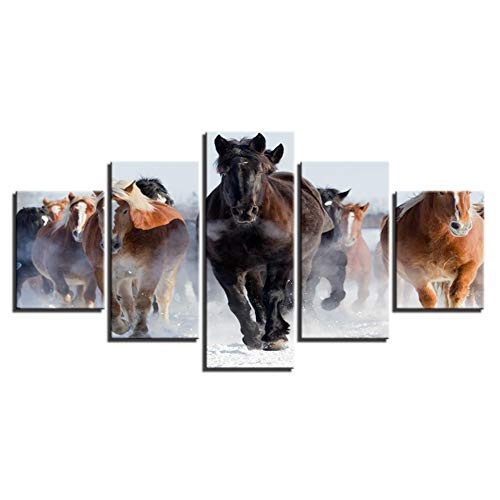 CYZSH Leinwand Gemälde Home Wandkunst 5 Stücke Galoppierende Pferde Bilder Wohnzimmer Dekor Winter Laufen Steed Poster