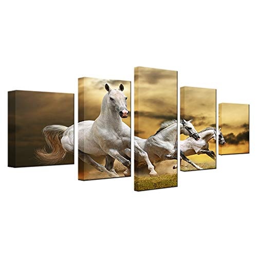 CYZSH Leinwand Hd Drucke Bilder Wandkunst 5 Stücke Weiße Pferde Laufen In Der Wiese Gemälde Tier Poster Wohnkultur