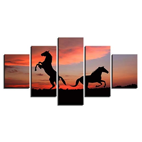 CYZSH Leinwand Wandkunst Bilder Home Decor Hd Drucke 5 Stücke Tiere Pferde Sonnenuntergang Landschaftsbilder Robuste Steeds Poster