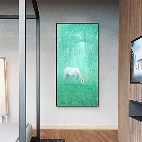 KINYNE Abstrakte grüne Wandkunst weißes Pferd Leinwanddrucke für Wohnzimmer Schlafzimmer Dekoration zeitgenössische Tiere Bilder Landschaft Gemälde Artwork (schwarzer Rahmen),50x100cm