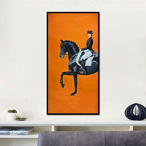 KINYNE Leinwanddruck Malerei Schwarzes Pferd und Reiter Moderne Dekoration Wandkunst Schwarzer Rahmen,60x90cm