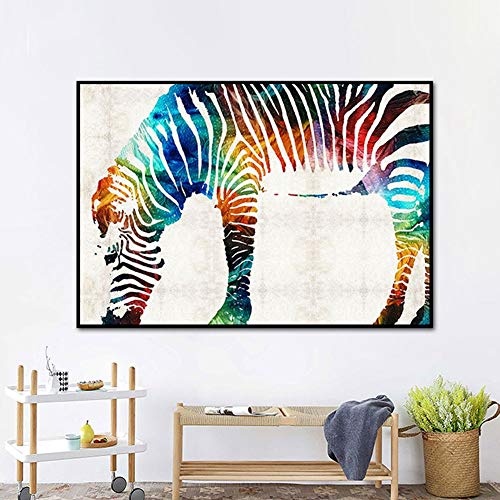 KINYNE Farbige Zebra Moderne Leinwand drucken abstrakte Pferd Tiere Wandkunst, Moderne Home Decor gerahmt und gestreckt, bereit zum Aufhängen (60x90cm, schwarzer Rahmen)