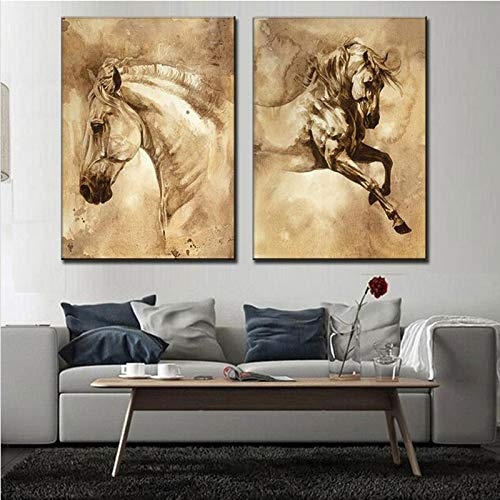 KINYNE Leinwanddrucke Wand Kunst Pferd Tier Malerei Gerahmt Bereit, 2 Panels Für Hauptwanddekor Zu Hängen,B,50 * 70 * 2
