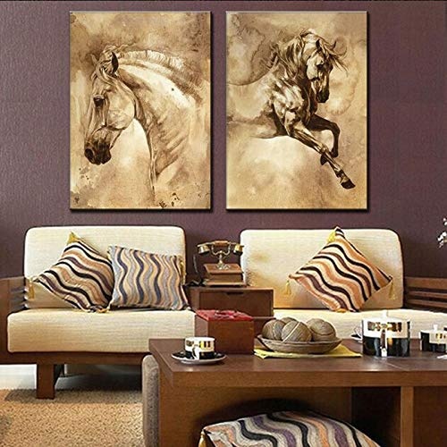KINYNE Leinwanddrucke Wand Kunst Pferd Tier Malerei Gerahmt Bereit, 2 Panels Für Hauptwanddekor Zu Hängen,B,50 * 70 * 2
