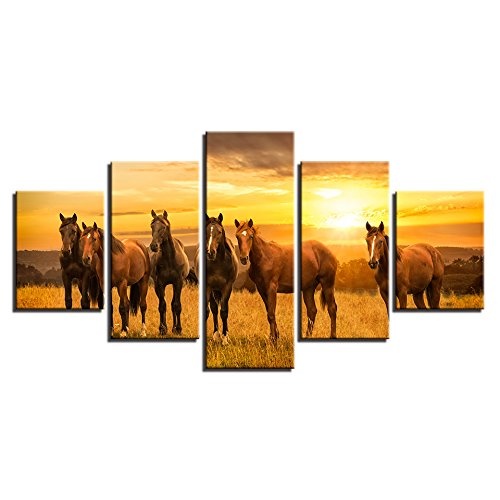 CYZSH Moderne Drucke Dekor Wohnzimmer Wand 5 Stücke Tier Pferd Gruppe Sonnenuntergang Landschaft Malerei Poster Modulare Bild Leinwand Kunst