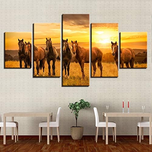 CYZSH Moderne Drucke Dekor Wohnzimmer Wand 5 Stücke Tier Pferd Gruppe Sonnenuntergang Landschaft Malerei Poster Modulare Bild Leinwand Kunst