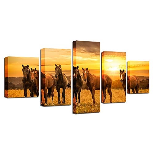 CYZSH Moderne Drucke Dekor Wohnzimmer Wand 5 Stücke Tier Pferd Gruppe Sonnenuntergang Landschaft Malerei Poster Modulare Bild Leinwand Kunst