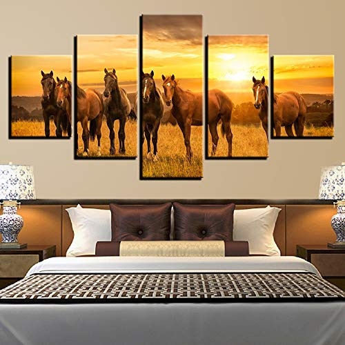 CYZSH Moderne Drucke Dekor Wohnzimmer Wand 5 Stücke Tier Pferd Gruppe Sonnenuntergang Landschaft Malerei Poster Modulare Bild Leinwand Kunst