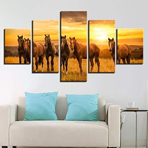 CYZSH Moderne Drucke Dekor Wohnzimmer Wand 5 Stücke Tier Pferd Gruppe Sonnenuntergang Landschaft Malerei Poster Modulare Bild Leinwand Kunst