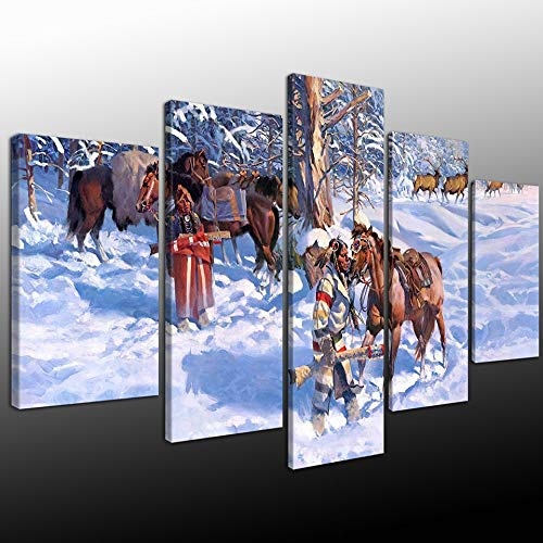 CYZSH Moderne Hd Gedruckt Gemälde Home Dekoration Modular 5 Panel Pferd Schnee Landschaft Tableau Wandkunst Bilder Leinwand Poster