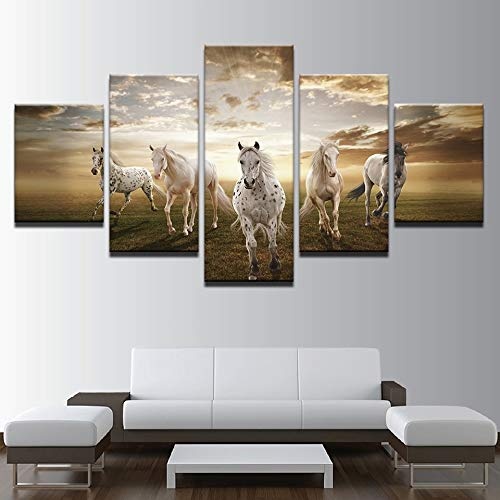 CYZSH Leinwand Gemälde Wandkunst Wohnzimmer Dekor 5 Stücke Laufen Steed Bilder Modular Hd Druckt Wolken Tier Pferde Poster