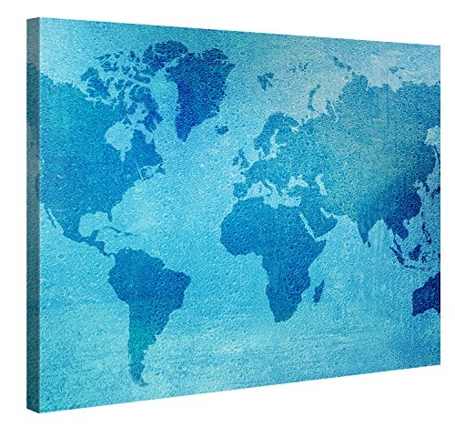 Premium Kunstdruck Wand-Bild - Blue Worldmap - 100x75cm XXL Leinwand-Druck in deutscher Marken-Qualität - Leinwand-Bilder auf Holz-Keilrahmen als moderne Wohnzimmer-Deko ...