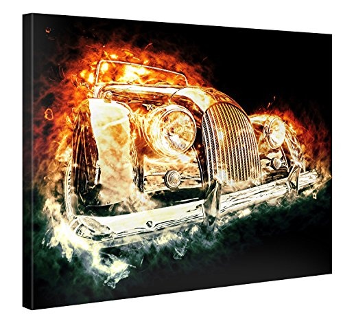 Premium Kunstdruck Wand-Bild - Burning Car Artwork - 100x75cm XXL Leinwand-Druck in deutscher Marken-Qualität - Leinwand-Bilder auf Holz-Keilrahmen als moderne Wohnzimmer-Deko ...