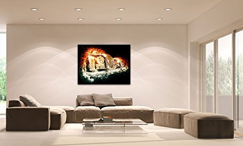 Premium Kunstdruck Wand-Bild - Burning Car Artwork - 100x75cm XXL Leinwand-Druck in deutscher Marken-Qualität - Leinwand-Bilder auf Holz-Keilrahmen als moderne Wohnzimmer-Deko ...