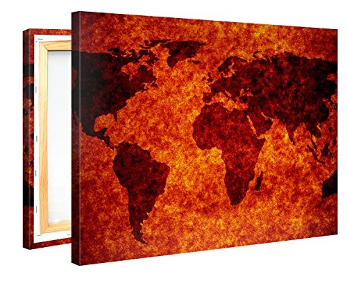 Premium Kunstdruck Wand-Bild - Worldmap Fire - 100x75cm XXL Leinwand-Druck in deutscher Marken-Qualität - Leinwand-Bilder auf Holz-Keilrahmen als moderne Wohnzimmer-Deko ...