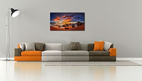 Premium Kunstdruck Wand-Bild - Colourful Sunset Over Island - 100x50cm Leinwand-Druck in deutscher Marken-Qualität - Leinwand-Bilder auf Holz-Keilrahmen als moderne Wanddekoration