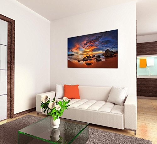 Premium Kunstdruck Wand-Bild - Colourful Sunset Over Island - 100x50cm Leinwand-Druck in deutscher Marken-Qualität - Leinwand-Bilder auf Holz-Keilrahmen als moderne Wanddekoration