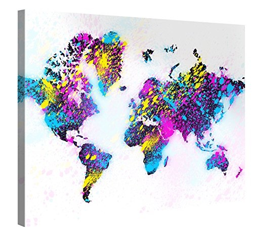 Premium Kunstdruck Wand-Bild - Colourful Worldmap - 100x75cm XXL Leinwand-Druck in deutscher Marken-Qualität - Leinwand-Bilder auf Holz-Keilrahmen als moderne Wohnzimmer-Deko ...