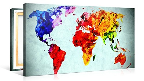 Premium Kunstdruck Wand-Bild - World Map in Watercolour Style - 100x50cm - Leinwand-Druck in deutscher Marken-Qualität - Leinwand-Bilder auf Holz-Keilrahmen als moderne Wanddekoration