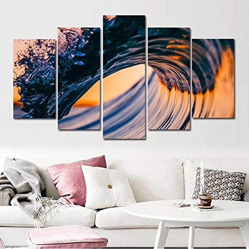 FJLOVE Leinwandbild 5 Teilig Kunstdruck modern Ozean Wellen Bild Wandbilder Wanddekoration Design Wand,B,30x50x2+30x70x2+30x80x1