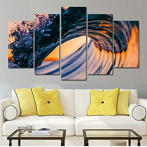 FJLOVE Leinwandbild 5 Teilig Kunstdruck modern Ozean Wellen Bild Wandbilder Wanddekoration Design Wand,B,30x50x2+30x70x2+30x80x1