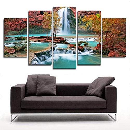 FJLOVE Bilder Leinwandbild 5 Teilig Wasserfalllandschaft Kunstdruck modern Wanddekoration Design Wand,B,30 * 40 * 2+30 * 60 * 2+30 * 80 * 1