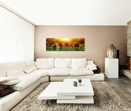 150x50cm Leinwandbild auf Keilrahmen Kroatien Nationalpark Wasserfall Sonne Wandbild auf Leinwand als Panorama