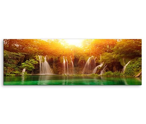150x50cm Leinwandbild auf Keilrahmen Kroatien Nationalpark Wasserfall Sonne Wandbild auf Leinwand als Panorama