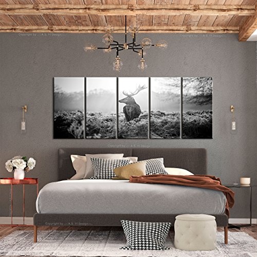 decomonkey Bilder Hirsch Tiere 200x80 cm 5 Teilig Leinwandbilder XXL Bild auf Leinwand Vlies Wandbild Kunstdruck Wanddeko Wand Wohnzimmer Wanddekoration Landschaft Sonne Sonnenuntergang Natur grau