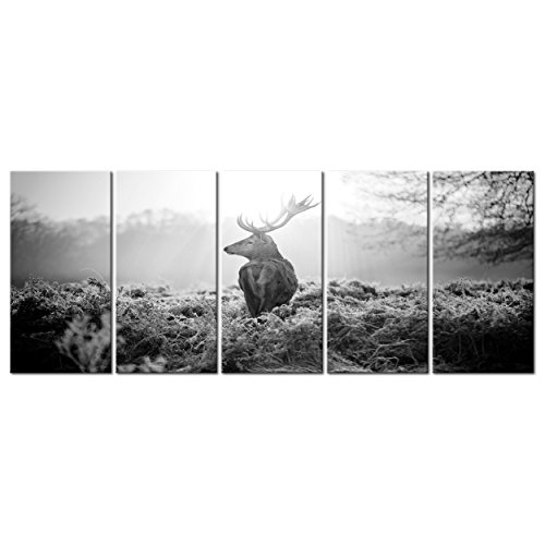 decomonkey Bilder Hirsch Tiere 200x80 cm 5 Teilig Leinwandbilder XXL Bild auf Leinwand Vlies Wandbild Kunstdruck Wanddeko Wand Wohnzimmer Wanddekoration Landschaft Sonne Sonnenuntergang Natur grau