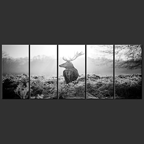decomonkey Bilder Hirsch Tiere 200x80 cm 5 Teilig Leinwandbilder XXL Bild auf Leinwand Vlies Wandbild Kunstdruck Wanddeko Wand Wohnzimmer Wanddekoration Landschaft Sonne Sonnenuntergang Natur grau