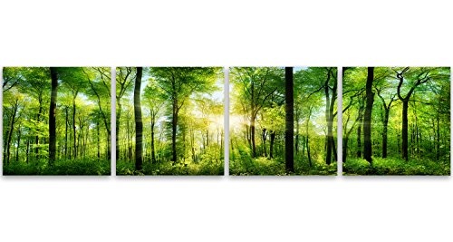 Feeby Frames, Leinwandbild, Bilder, Wand Bild - 4 Teile - Panoramabild, Wandbilder, Kunstdruck 60x240 cm, Wald, BÄUME, Sonne, Natur, GRÜN