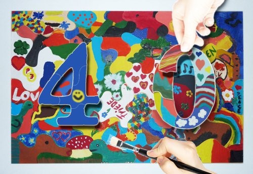Geburtstagsspiele / Partyspiele / Geburtstagsgeschenke / Jubiläum: Holzmosaik mit "40" - Holz Puzzle bemalen - 80x55 cm - zum 40. Geburtstag oder 40er